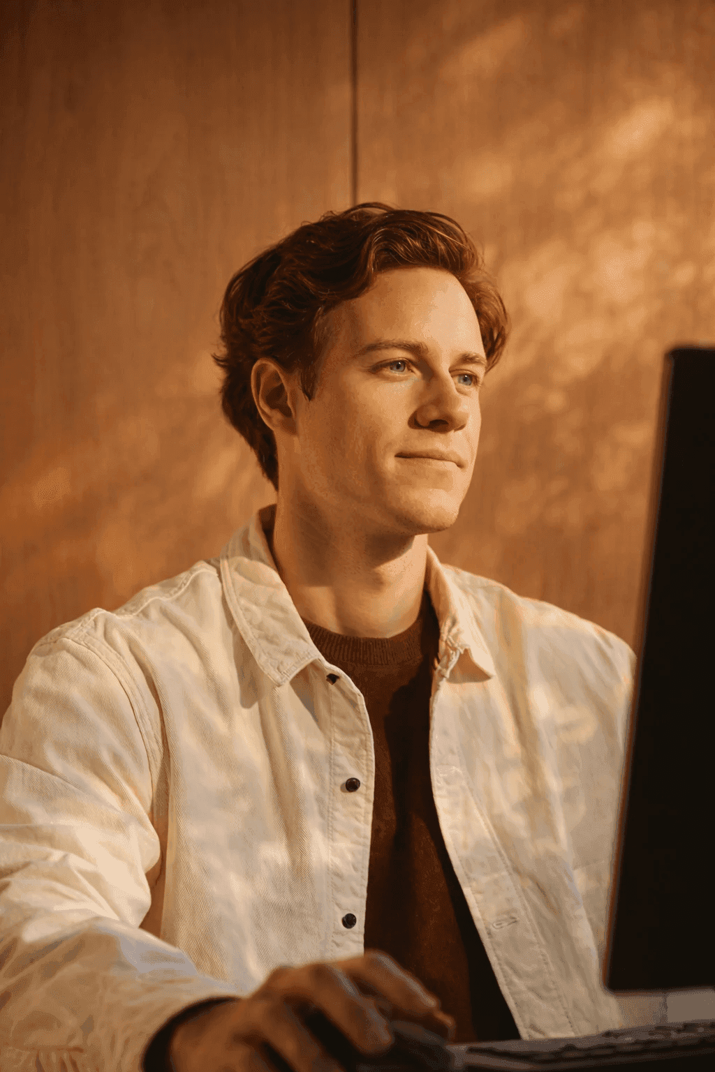 Man looking at a computer screen in warm indoor light